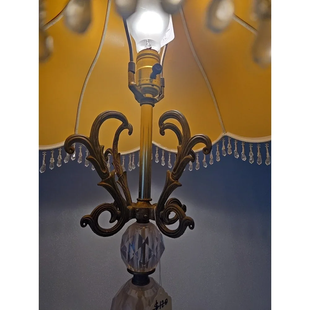 Vtg Hollywood Regency Lamp Bronze Scrolls Marble Base Crystal Glass Belly 1970s
